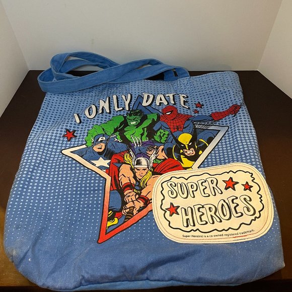Marvel I ONLY DATE SUPERHEROES CANVAS tote bag Attached Coin Pouch Purse Pocket - Picture 1 of 4